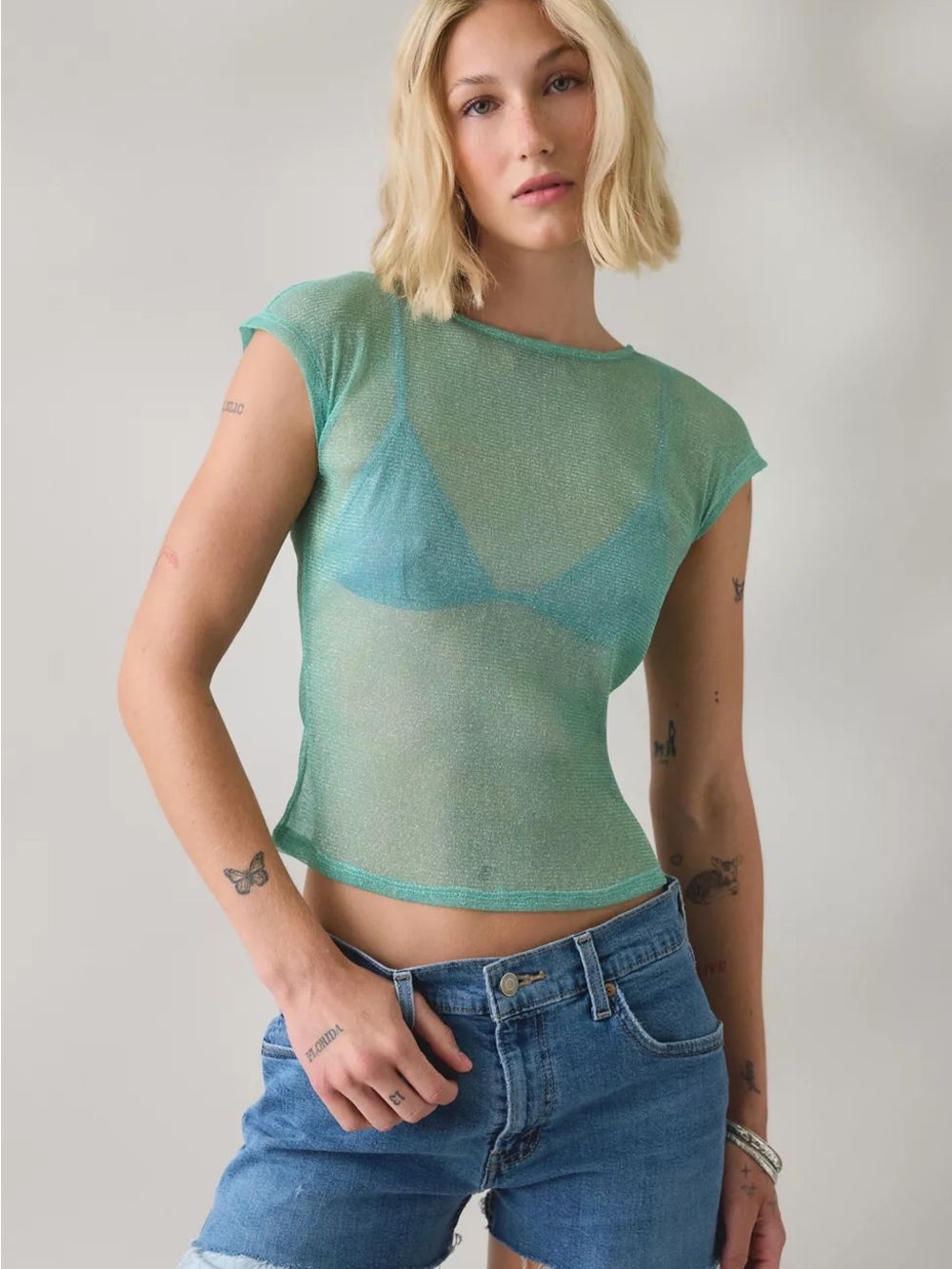 Urban Outfitters Rea Short Sleeve Shine Sheer Mesh Baby Tee Turquoise